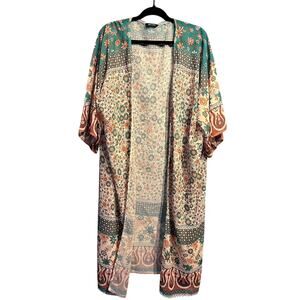 Feitong One Size Kimono Sheer Cottage Boho Floral Long Teal Peach Burgundy